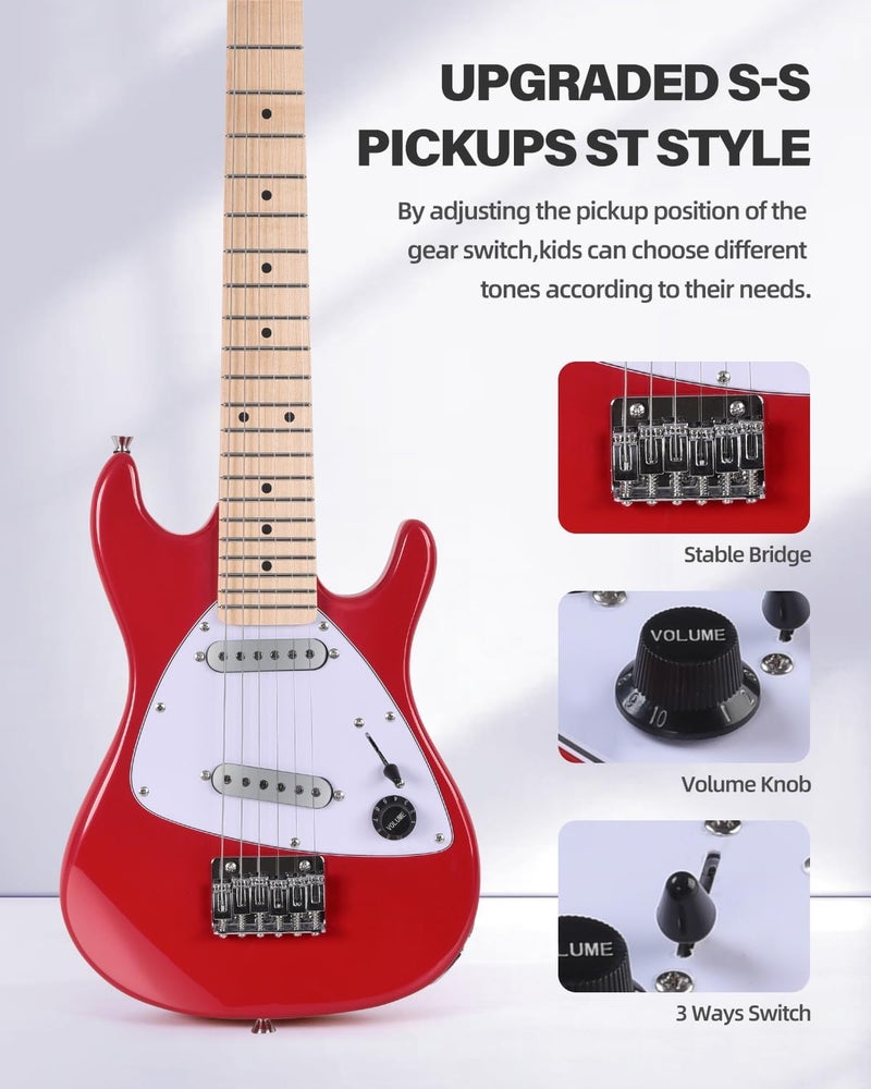 Winzz 30 Inch Kids Electric Guitar Beginner Kit, Junior 1/4 Size Mini Electric Guitar for Children Complete Stater Set with Amp, Gloosy Red Colour - Image 2